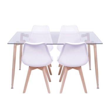 Imagem de Conjunto de Sala de Jantar Mesa com Tampo de Vidro com 4 Cadeiras com Base de Madeira OR Design Branca