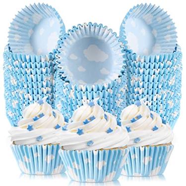 Imagem de 300 peças de forros de cupcake azul nuvem branco claro embalagens de cupcake papel azul muffin copos tema de aniversário copos de assar festa decoração de chá de bebê pode assar embrulho e embalagem para suprimentos de festa