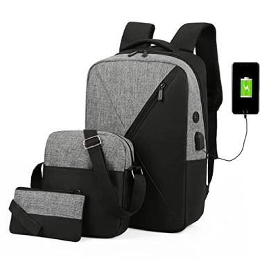 Imagem de Mochila para laptop de negócios 3 peças masculina feminina casual 15,6 polegadas mochila para computador bolsa de viagem de grande capacidade com porta de carregamento USB, cinza, 42 x 21 cm