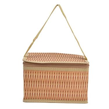 Imagem de Saco de piquenique ao ar livre de vime de vime portátil com isolamento à prova d'água refrigerador térmico cesta recipiente com tampa e alça perfeito para acampamento ao ar livre piquenique