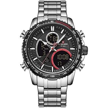Imagem de Relógio masculino analógico digital de quartzo relógio de luxo aço inoxidável à prova d'água moderno cronógrafo empresarial relógio de pulso multifuncional militar, Prata + preto