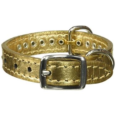 Imagem de OmniPet Coleira de couro de cristal para cães, couro de grão sólido dourado metálico, serve para pescoço de 15 a 20 cm