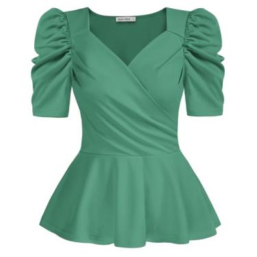 Imagem de GRACE KARIN 2024 Tops femininos de verão elegante peplum top envoltório gola V bufante manga curta blusas tops, Cinza e verde, P