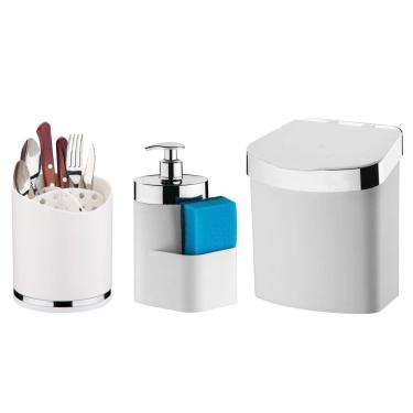 Imagem de Kit Lixeira 2,5L Dispenser Porta Detergente Esponja Escorredor Talheres De Pia Branco Cromado - Future