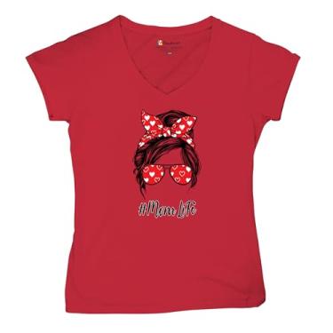 Imagem de Camiseta feminina Mom Life Messy Bun gola V moderna maternidade maternidade dia das mães mãe mamãe #Momlife camiseta, Vermelho, M