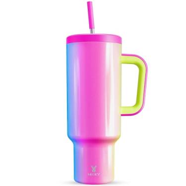 Imagem de Meoky Copo de 1,5 l com alça, copo com tampa e canudo, caneca de viagem de aço inoxidável isolado, 100% à prova de vazamento, mantém frio por 36 horas ou quente por 12 horas (carnaval)