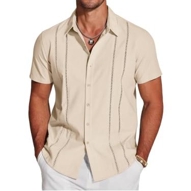 Imagem de COOFANDY Camisa masculina Guayabera cubana manga curta abotoada casual verão praia camisas de linho, Bege, 4G