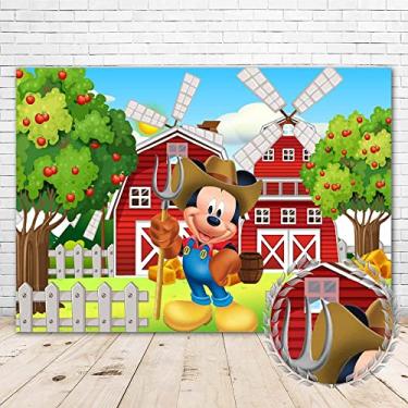 Imagem de Moonlight Studio Pano de fundo Mickey e Fazenda 2,1 x 1,5 m Porta de celeiro vermelho Fazenda Feliz Aniversário Mickey Mouse Tema Fazenda Fundo para Crianças Vinil Old Macdonald Had a Farm Mickey