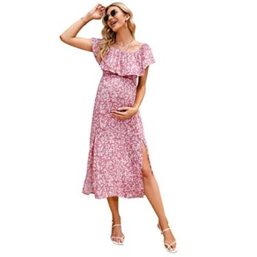 Imagem de Vestido de maternidade feminino, tomara que caia, tomara que caia, evasê, casual, maxi vestido fotográfico para chá de bebê, Rosa e branco floral, XGG