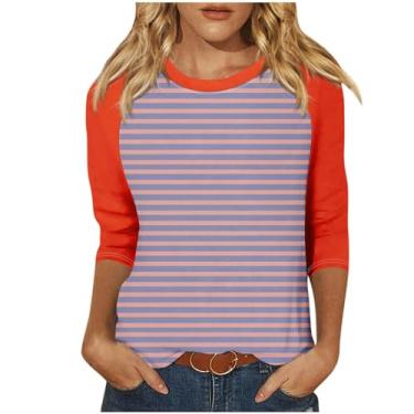 Imagem de Blusa feminina manga 3/4 raglã contrastante gola redonda casual comprimento três quartos blusas de verão ajuste solto, Ofertas flash laranja, M