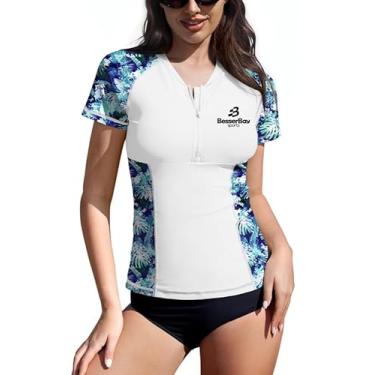 Imagem de BesserBay Camiseta feminina FPS 50+ meio zíper manga curta Tropical Rash Guard, Branco | Folhas azuis, M