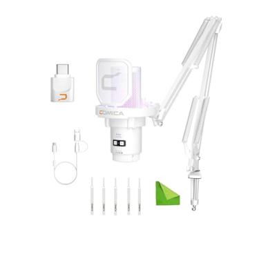 Imagem de comica Microfone USB sem fio para computador e smartphone, microfone condensador cardióide RGB de 48 kHz/24 bits para jogos para podcasting, com suporte de braço de lança branco (Uni Pro A)