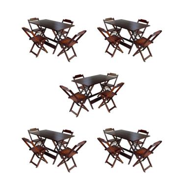 Imagem de Kit 5 Conjuntos de Mesa Dobravel com 4 Cadeiras de Madeira 120x70 para Restaurante e Bar - Imbuia