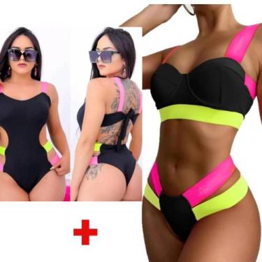Imagem de Biquini Neon Tiras Grossa+ Maiô Com Bojo Neon Lançamen Verão - Biquini