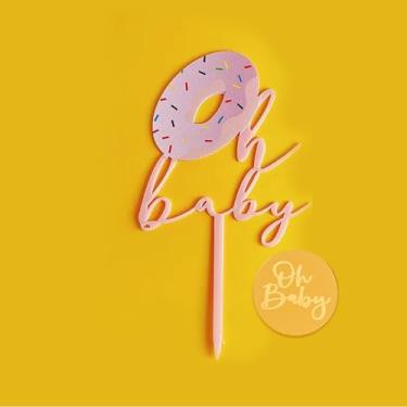 Imagem de Oh Baby Donut Cake Topper Acrylic Pastel Blue Baby Shower Gender Reveal Boy Welcome Baby Cake Topper Party Decorations Cakes Cupcakes Desserts Mirror Gold Acrylic Discs (PINK)