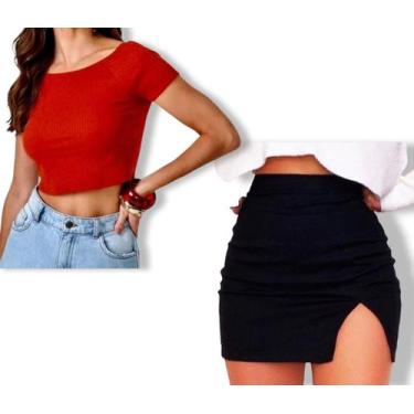 Imagem de Saia Mini Com Fenda   + Cropped Manga Curta  Vivi Rangel, Preto, G