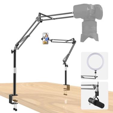 Imagem de Taisioner Suporte de mesa para câmera superior, clipe de mesa grosso, poste de mesa escalável, função de bloqueio, braço de câmera flexível ajustável, suporte de mesa para câmera DSLR/webcam/microfone