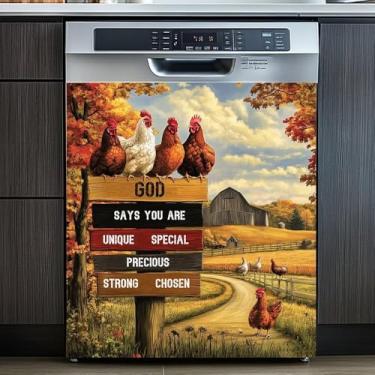 Imagem de Ímãs de lava-louças adesivo de capa decorativa galinhas em pé em placa de madeira padrão frontal capa de lava-louças decoração reutilizável capa de porta magnética painel decalque eletrodomésticos