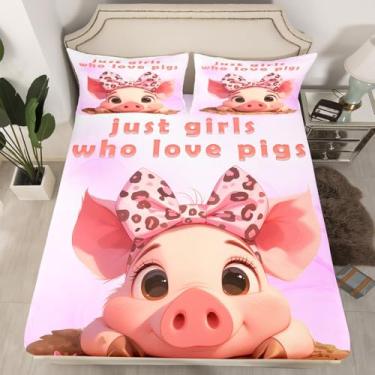 Imagem de Jogo de cama casal, desenho animado de porco com laço, pétala de porquinho, para decoração de quarto de crianças, meninas, mulheres, animais de fazenda, 3 peças, lençol de microfibra rosa estilo