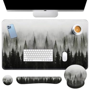 Imagem de Arttown Tapete de mesa enevoado floresta conjunto de mouse pad 4 em 1 árvore nebulosa design ergonômico grande almofada de mesa + descanso de pulso para teclado + descanso de pulso para mouse +
