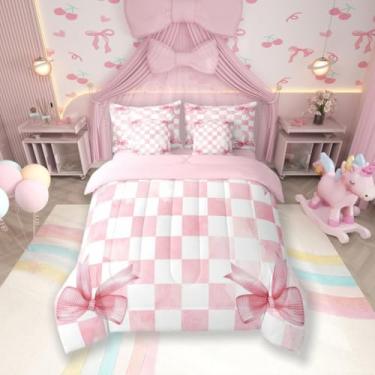 Imagem de Conjunto de cama Queen, com laço rosa, 7 peças, quadriculado geométrico, patchwork, laço e nó de princesa, chique, exclusivo (edredom + lençol de cima + 2 fronhas + 2 capas de travesseiro)