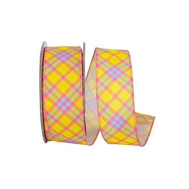 Imagem de Reliant Ribbon Fita xadrez diagonal brilhante de linho com fio, amarelo/fúcsia