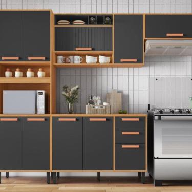 Imagem de Cozinha Modulada 4 Peças 10 Portas 2 Gavetas e Nicho para Forno Napoles Cinamomo/Grafite Intenso