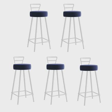 Imagem de Kit 05 Banqueta Alta Com Encosto Tina Eiffel Cozinha Bar Bistrô Ferro Branco Sintético Azul Marinho - Ahazzo Móveis