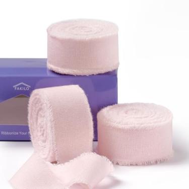 Imagem de FAKILO Fita de algodão rústico natural com borda desgastada, fita 100% algodão rosa claro 2,5 cm x 18 m para buquês de casamento vintage, convites, chá de bebê, embrulho de presente, artesanato DIY