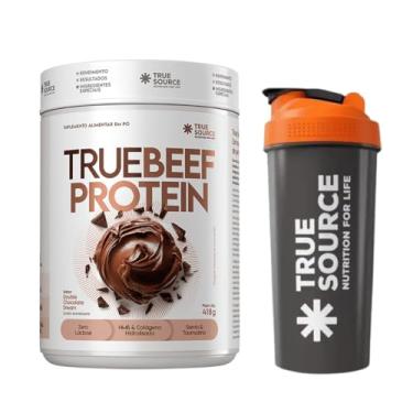 Imagem de Beef Protein (418g) - True Source Sabor:Chocolate Dream + Coqueteleira Preta com Laranja (600ml)
