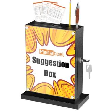 Imagem de Metateel Caixa de sugestões com ranhura e opção de montagem na parede, urna de metal com painel de acrílico para votação, estojo de doação preto com compartimento para chave e trava segura para