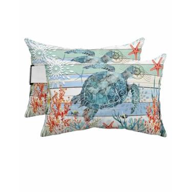 Imagem de Almofada de cabeça reclinável, concha de tartaruga marinha azul em celeiro de madeira, almofada externa com enchimento, almofadas reclináveis à prova d'água, espreguiçadeira, almofada lombar para