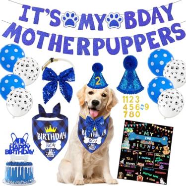 Imagem de Blue Dog Birthday Party Supplies Pet Birthday Bandanas Girl Doggy Birthdays chapéu gravata borboleta números cartões comemorativos It's My Bday Mother Puppers Banner para animais de estimação médio e