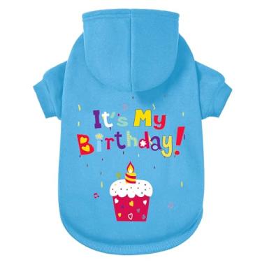 Imagem de GreenJoy Suéter de cachorro com capuz para cachorro casaco de clima frio moletom com capuz para filhotes, gatos, cães pequenos, médios e grandes (azul (é meu aniversário), GG)