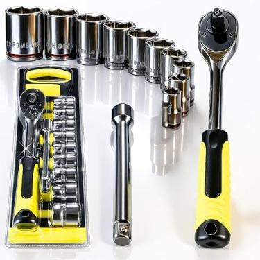 Imagem de Jogo de Soquetes com Catraca Reversível e Extensor Aço Cromo Vanádio Encaixe 1 2 Pol Ferramentas para Carros Bicicletas Motores Oficina Mecânica Profissional