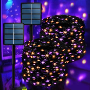 Imagem de Pacote com 2 luzes de Halloween laranja e roxa, total de 23,8 m, 200 luzes solares de LED
