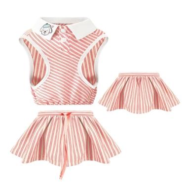 Imagem de Topkins Vestidos para cães, saia para animais de estimação, vestido de cachorrinho listrado rosa com top curto e minissaia de duas peças, vestido esportivo respirável para cães, roupas de lapela para