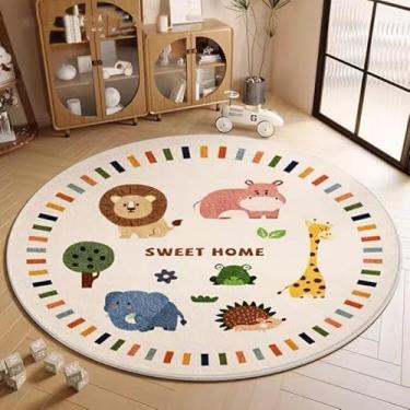 Imagem de Poowe Tapete de animais para quarto de crianças, 100 cm, redondo, lavável, tapete de engatinhar para bebês, meninos, meninas, piso antiderrapante, para sala de estar, quarto, sala de jogos, sala de
