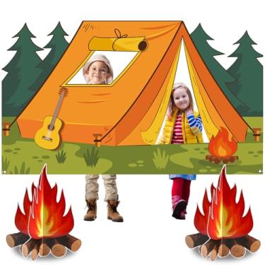 Imagem de Decoração de festa com tema de acampamento, cenário de foto de barraca com 2 conjuntos 3D de centro de mesa decorativa para fogueira VBS 2025 Cena da floresta adereço para fotos de acampamento