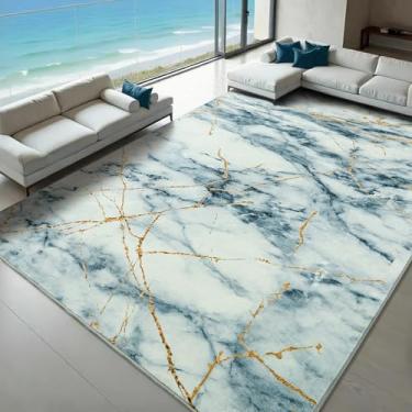 Imagem de Przemy Tapetes de área para sala de estar, tapete lavável 15 x 23 cm para quarto, tapete antiderrapante moderno para berçário, sala de jantar, escritório, sala de jogos, azul e branco