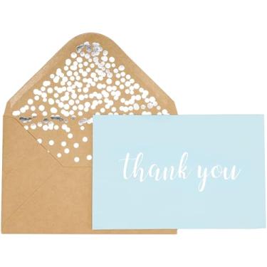 Imagem de Cartas de agradecimento – Pacote com 50 Cartas de acabamento mate azul bebê em branco com envelopes Kraft de design de 52 confetes, 10 x 15 cm – para chá de panela, chá de bebê, festa de aniversário