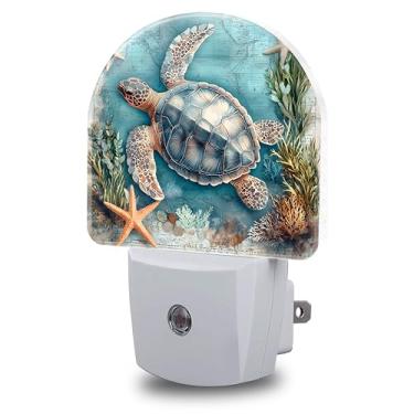 Imagem de FOISIIAEA Luzes noturnas com estrelas do mar, mapa-múndi conectadas à parede, tartaruga marinha, luz noturna, crepúsculo ao amanhecer, lâmpada de LED redonda decorativa para quarto, cozinha, corredor