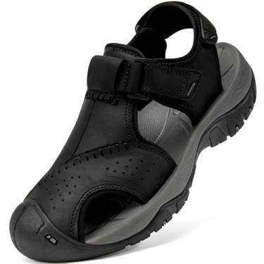 Imagem de Boveshorn Sandálias esportivas masculinas de couro com bico fechado, trilhas, atividades ao ar livre, praia, trilha, pesca, água, leve, confortável, à prova d'água, B - preto, 38