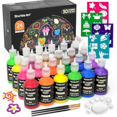 Imagem de Shuttle Art Tinta de tecido, 24 cores 3D tinta permanente com pincéis, caneta paleta, estênceis de folha de tecido, brilham no escuro, glitter, cores metálicas para tecido têxtil camiseta jeans vidro