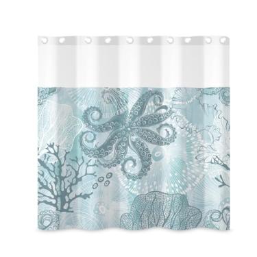Imagem de ggaimwf Conjunto de cortina de chuveiro náutica e forro de 188 cm x 188 cm sem gancho, vida marinha, polvo, encaixe para banheiro, oceano, litoral, contemporâneo, funky, pano, conjunto de banheiro
