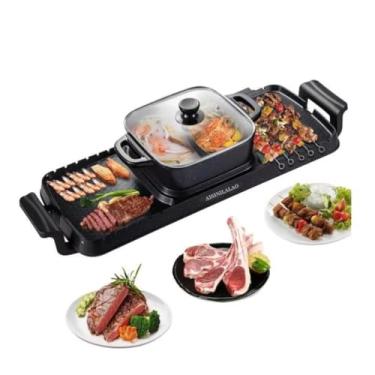 Imagem de All-In-One Panela Quente Fogão com Grill, 2 em 1 Interior Non-Stick Electric Hot Pot E Frigideira, Controle de Temperatura Panela Grill Portátil