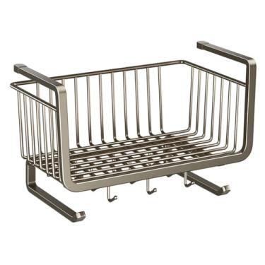 Imagem de Organizador de cesta de aço inoxidável para pendurar embaixo da prateleira (cinza) – economiza espaço, versátil com ganchos e varões centrais para cozinha, despensa, lavanderia, estante de livros