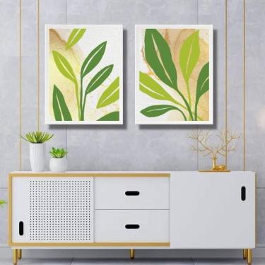 Imagem de Kit 2 Quadros Folhas Verdes Fundo Branco Bege 33X24Cm