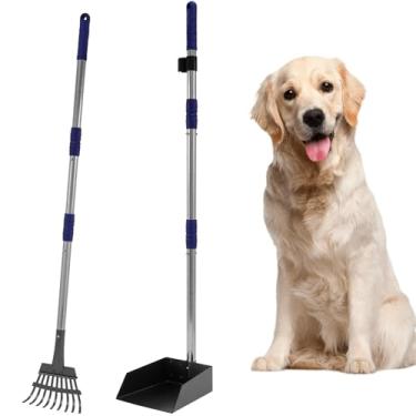 Imagem de Pá de cocô, pá de cocô de cachorro, bandeja de metal e ancinho com alça longa removível de aço inoxidável, conjunto de colher de cocô para remoção de resíduos de animais de estimação em grama e