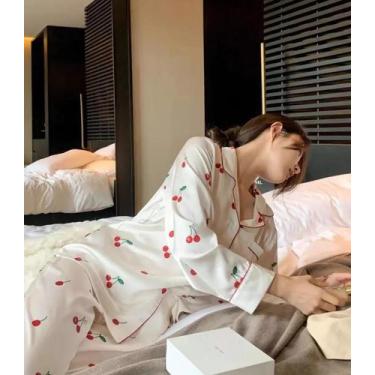 Imagem de Conjunto de Pijamas de Seda Gelada Feminino - Cardigan com Estampa Doc